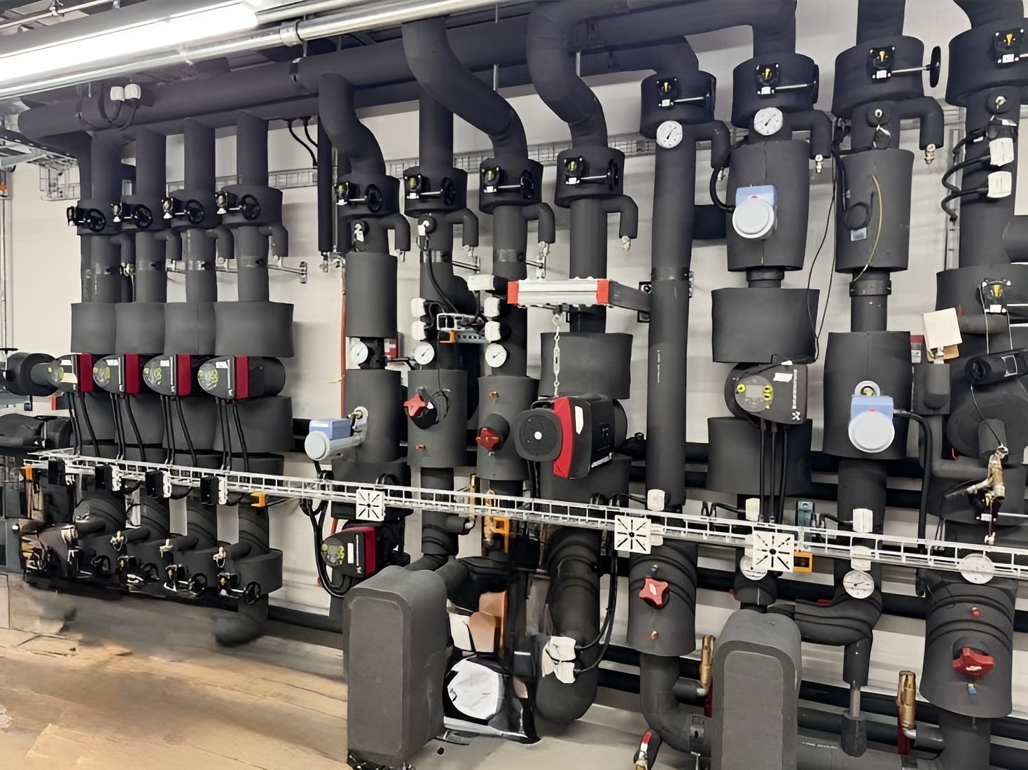 Isolierte Technikzentrale mit schwarzen Leitungen